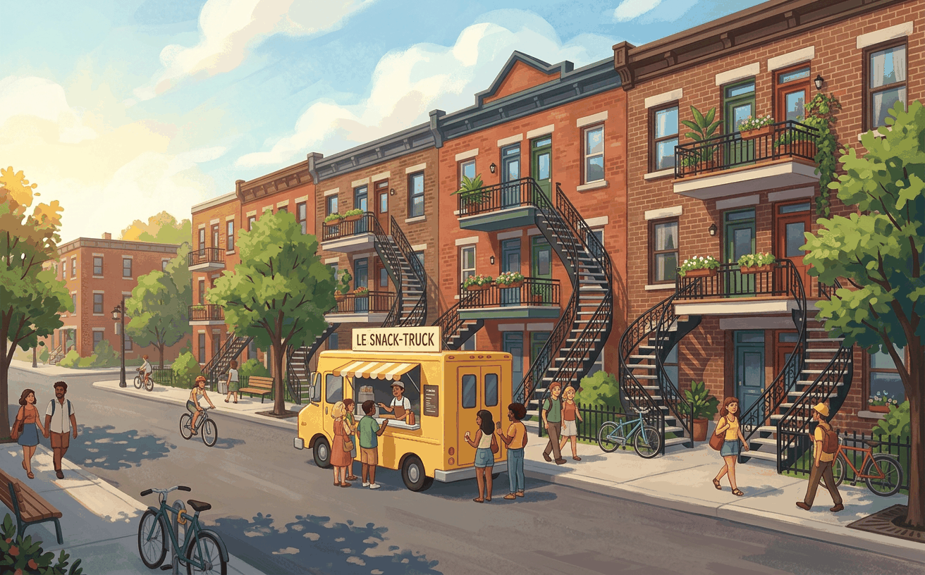 Capture du jeu : une rue de Montréal avec des triplex, des escaliers extérieurs et un food truck jaune entouré de clients.